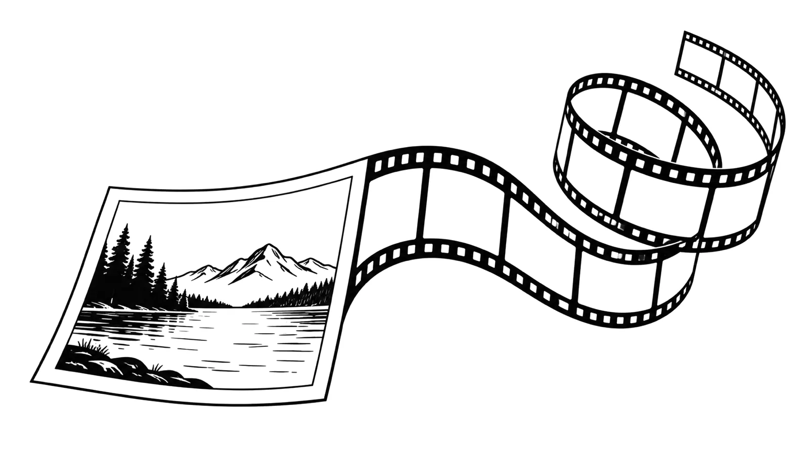 Ink illustration of a landscape photograph unrolling into a strip of film frames.