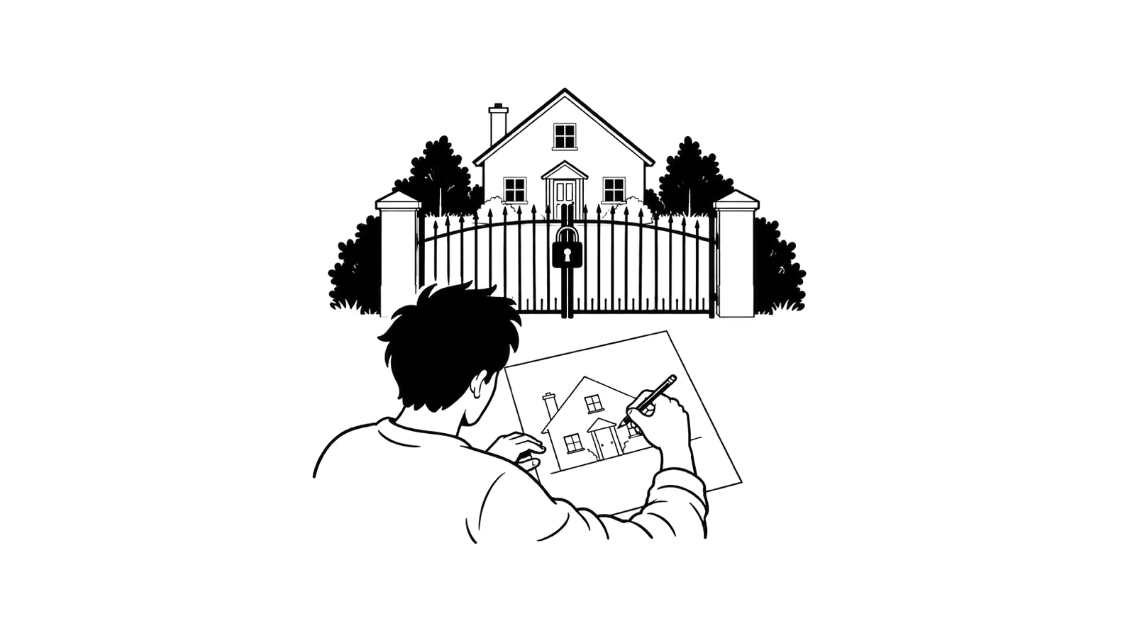 Ink illustration of a person tracing a drawing of a house while the real house stands behind a locked gate.