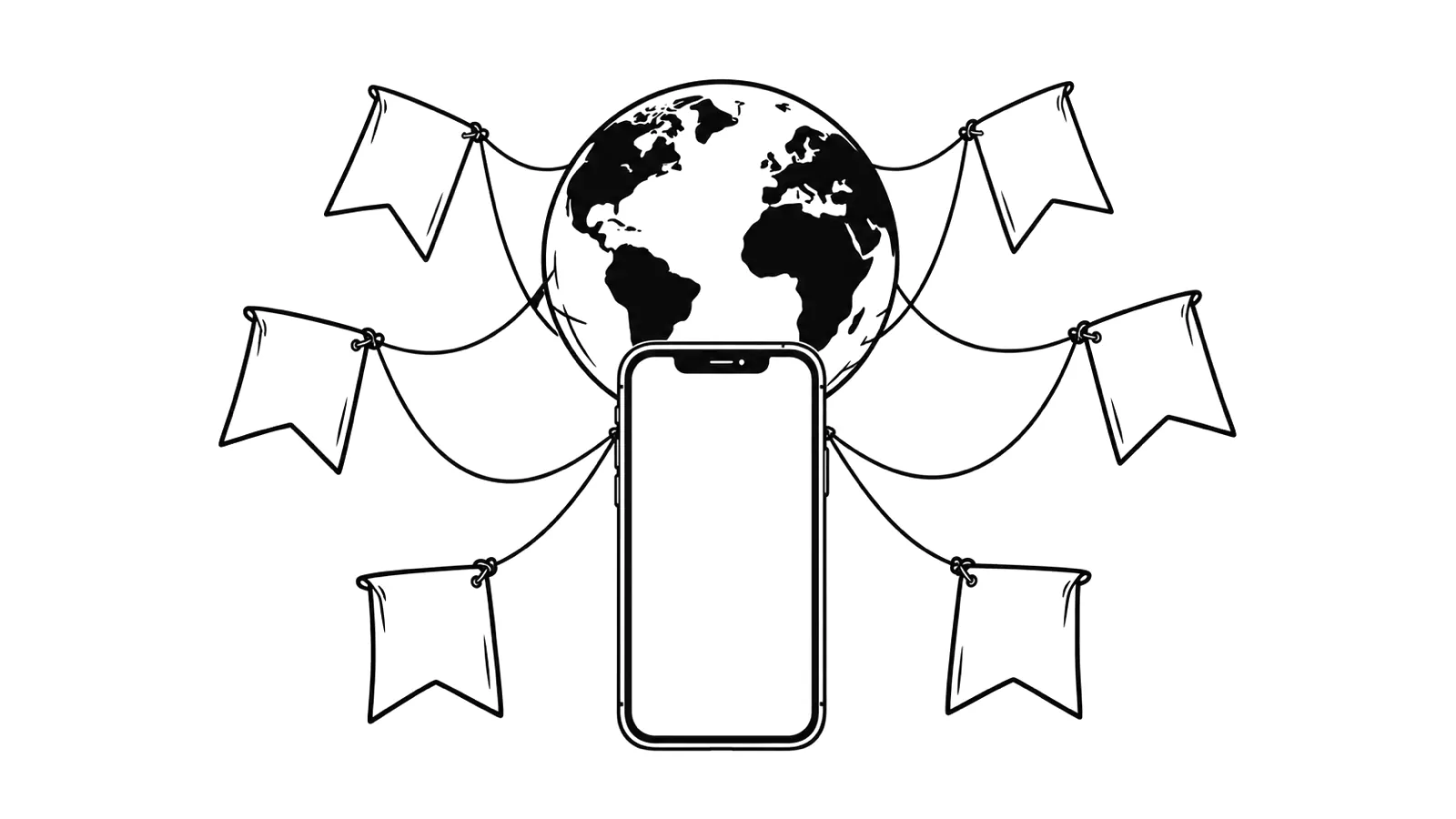 Ink illustration of a phone connected by strings to pennants around a globe.