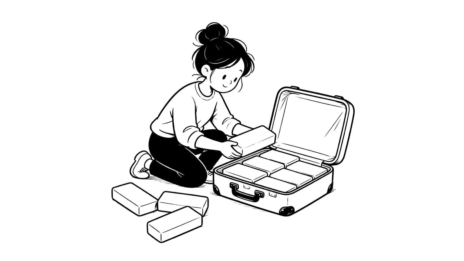 Ink illustration of a person packing word tiles into a small suitcase, with tiles that don't fit set aside.