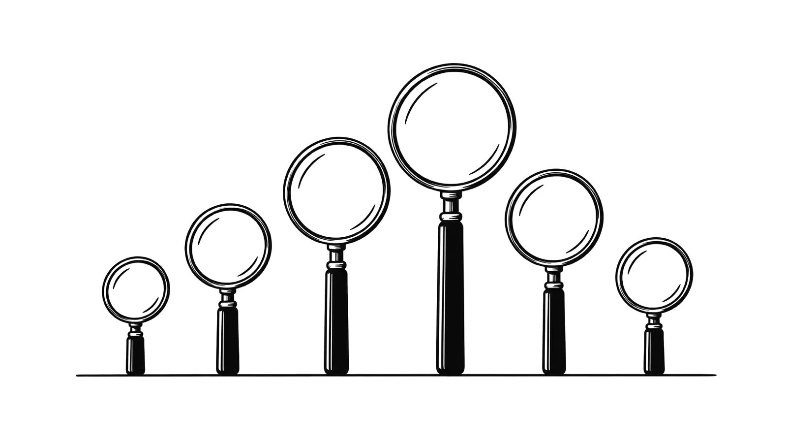 Ink illustration of magnifying glasses of different sizes standing like bars in a bar chart.