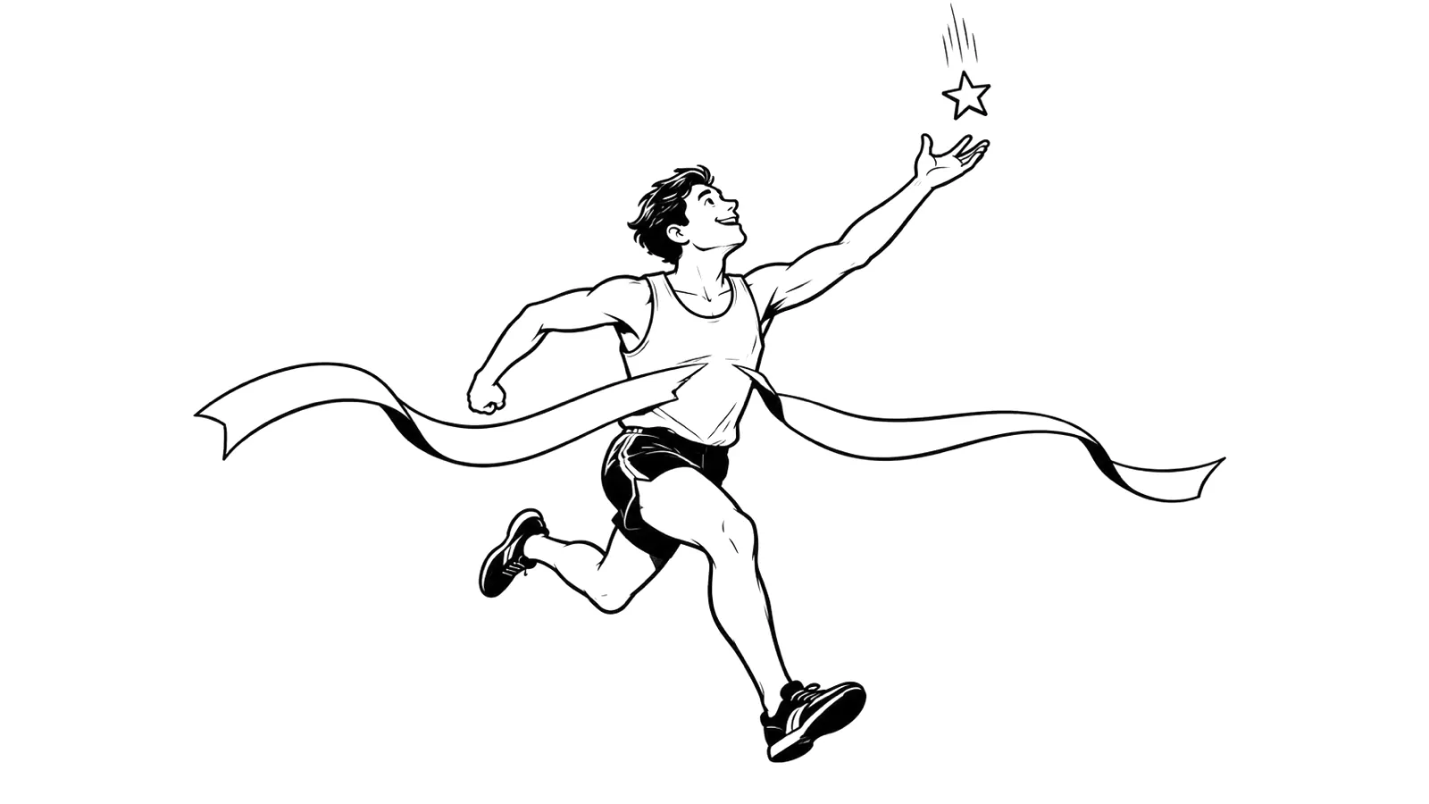 Ink illustration of a runner breaking a finish-line ribbon and reaching for a falling star.