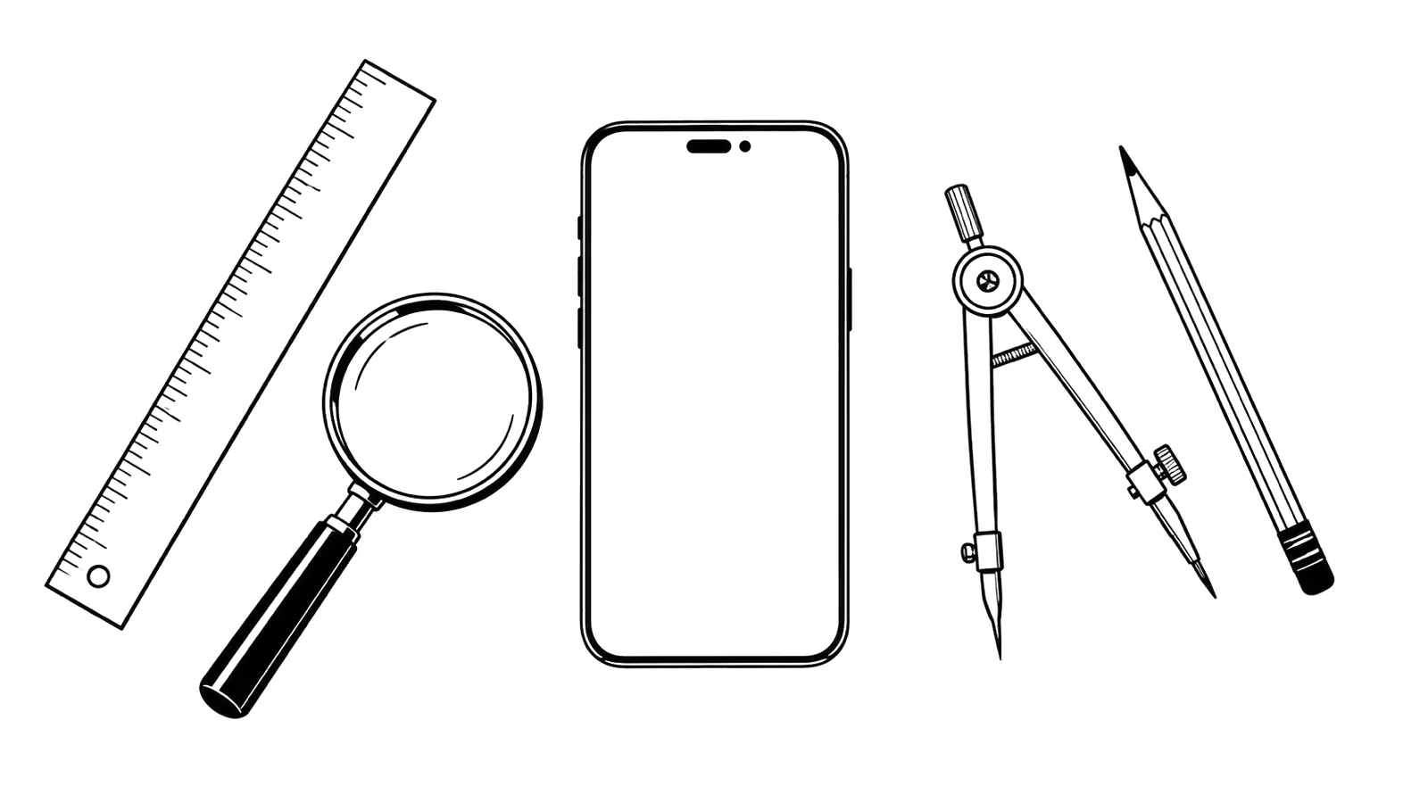 Ink illustration of a ruler, magnifying glass, compass and pencil around a blank phone.