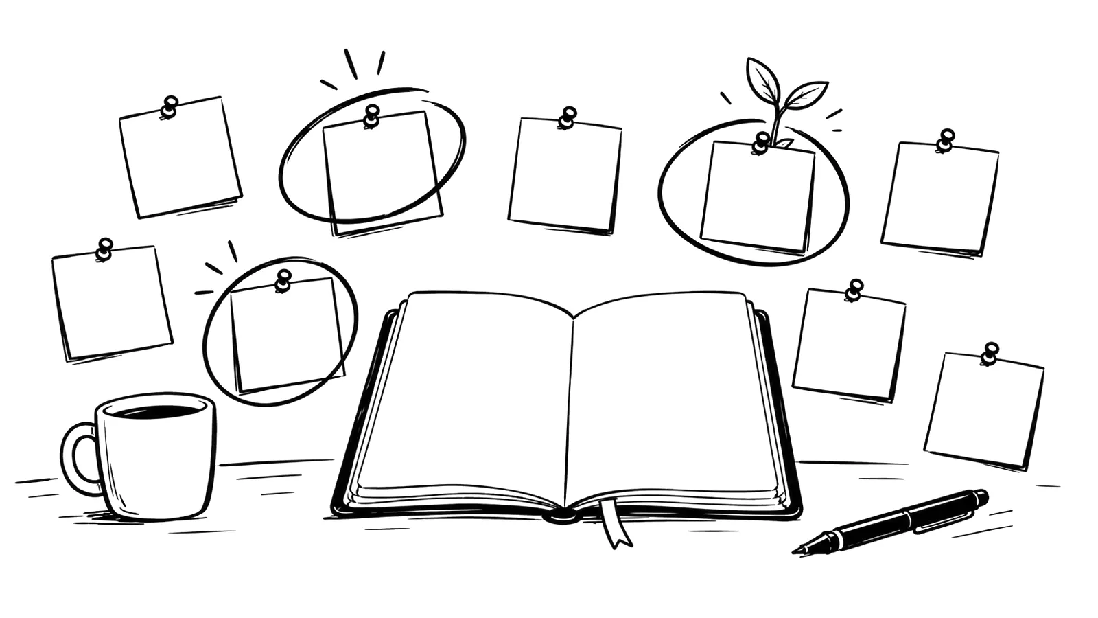 Ink illustration of an open notebook surrounded by pinned idea cards, three circled and one sprouting a plant.