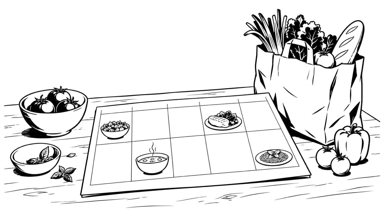 Ink illustration of a weekly meal planner grid on a kitchen table with bowls, plates and a grocery bag.