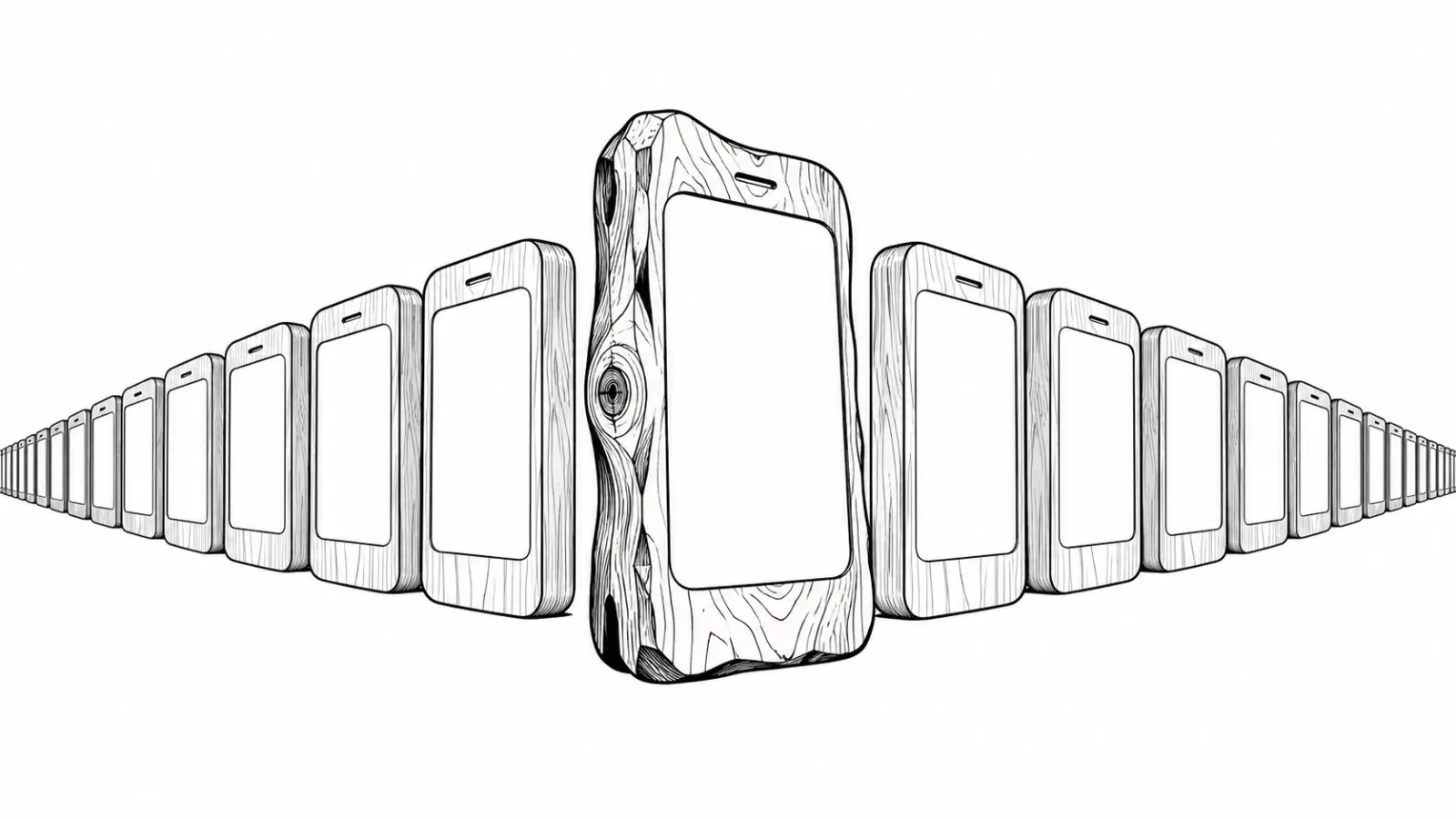 Ink illustration of a hand-carved wooden phone-shaped block stepping out from a long row of identical plain blocks.