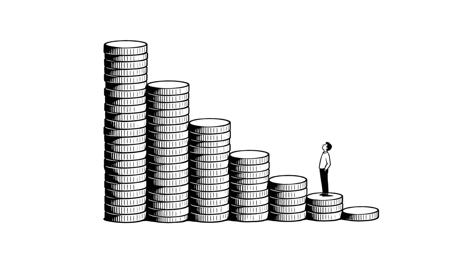 Ink illustration of a staircase of coin stacks shrinking from left to right, with a small person looking up at the tallest stack.
