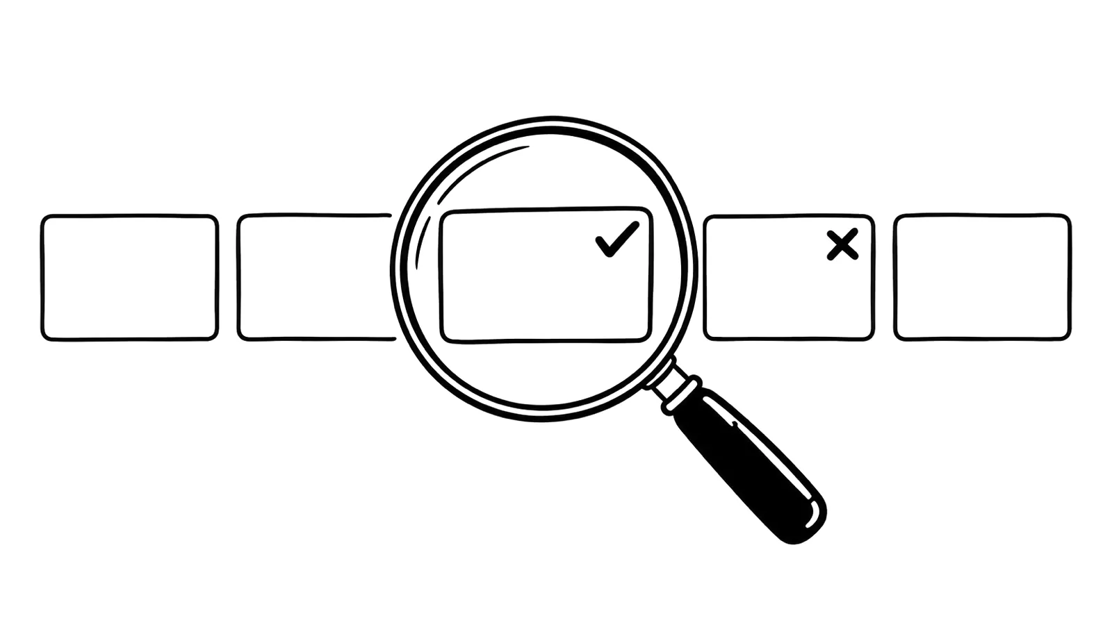 Ink illustration of a magnifying glass over a row of word tiles, one marked with a check and one with a cross.