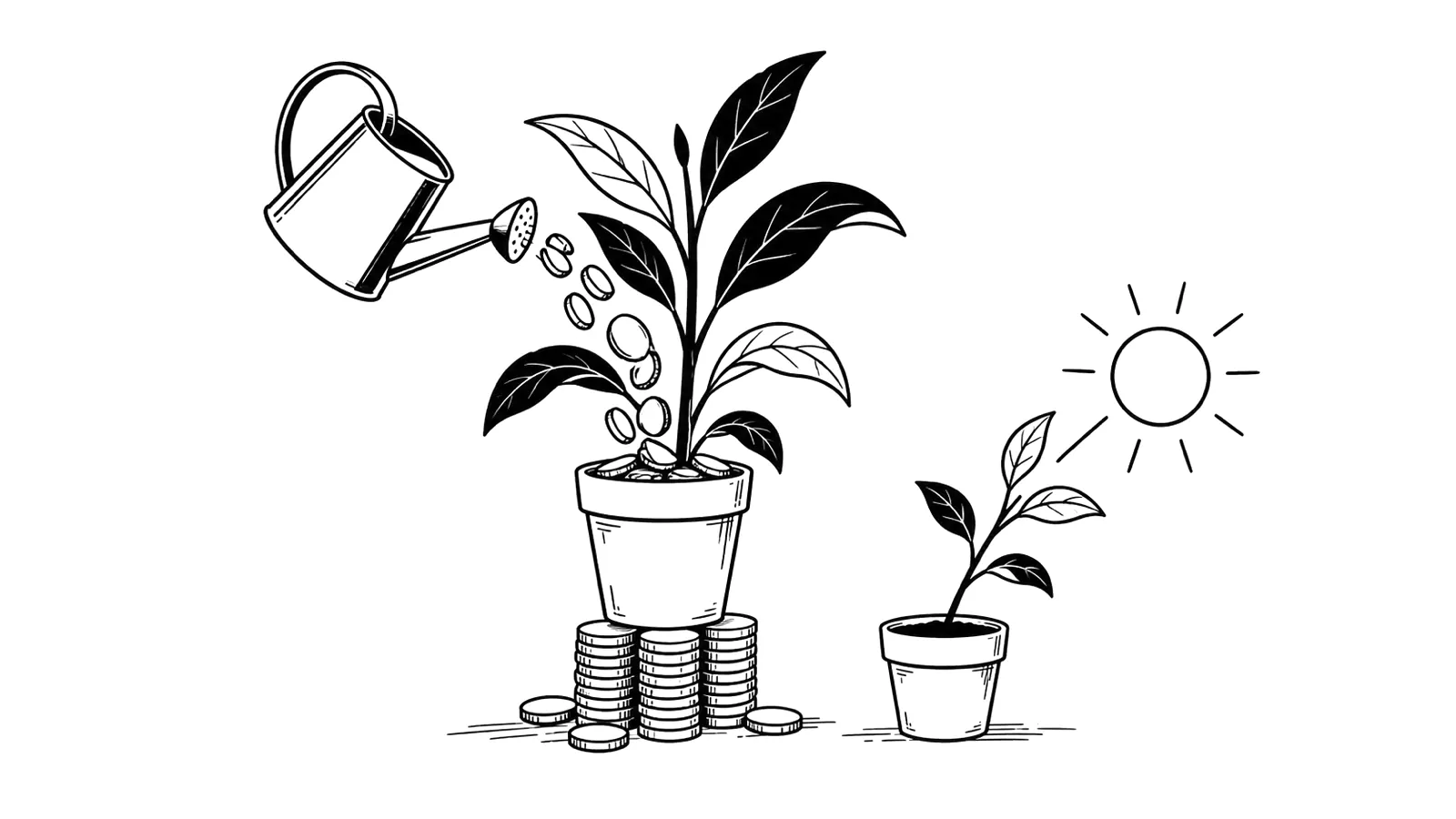 Ink illustration of a tall plant propped up by stacked coins and a watering can pouring coins, next to a small plant growing toward the sun.