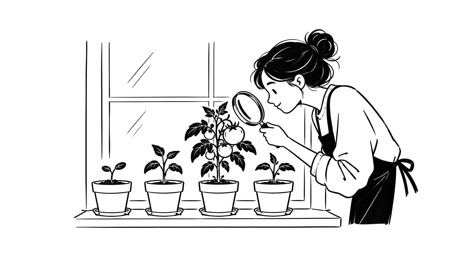 Ink illustration of a person inspecting a fruiting plant among small sprouts with a magnifying glass.