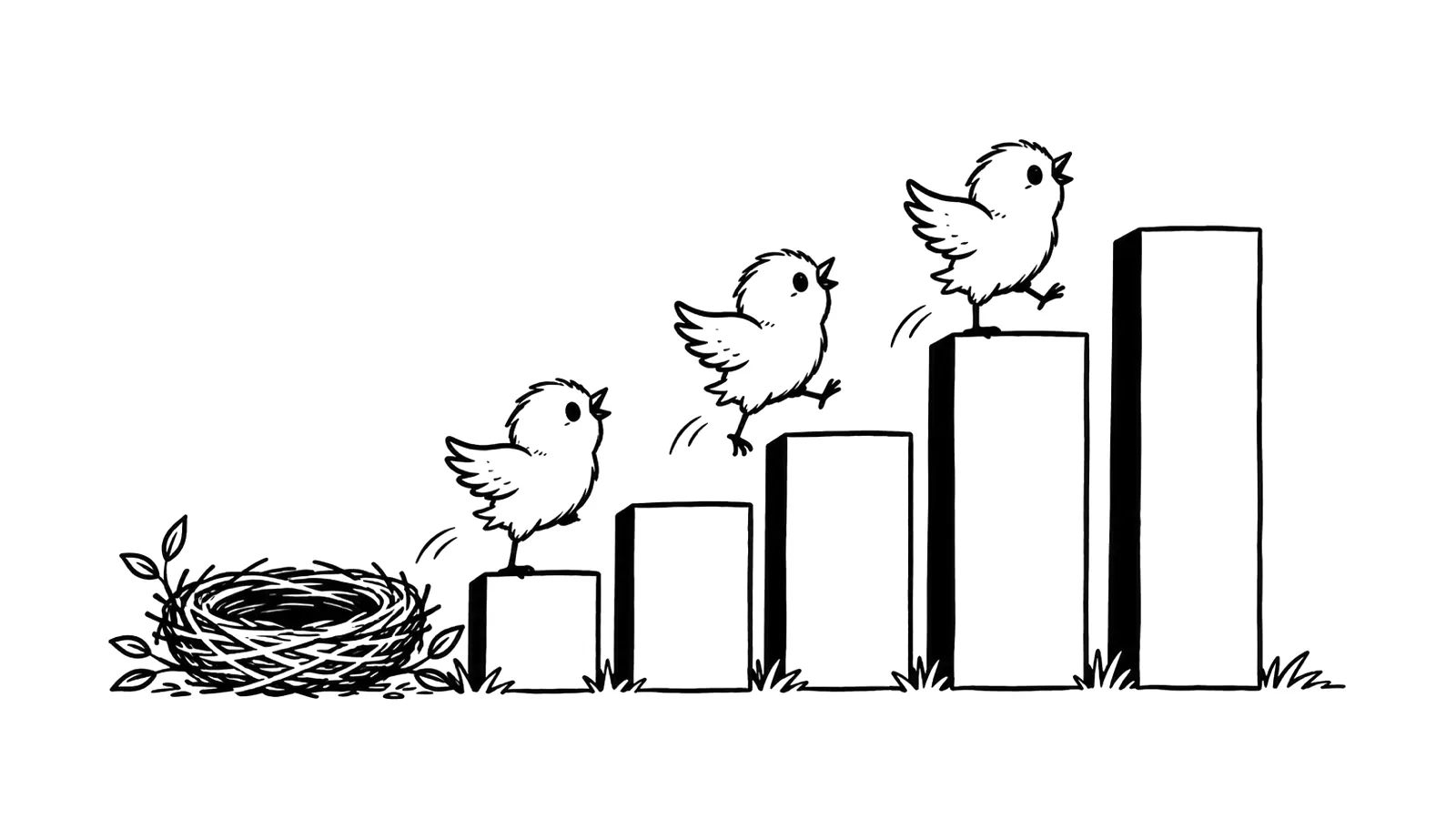 Ink illustration of three fledgling birds hopping up a staircase of chart bars from a nest.